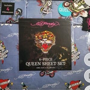 NWT Ed Hardy Blue Skull and Dagger Queen Sheet Set 6 pieces